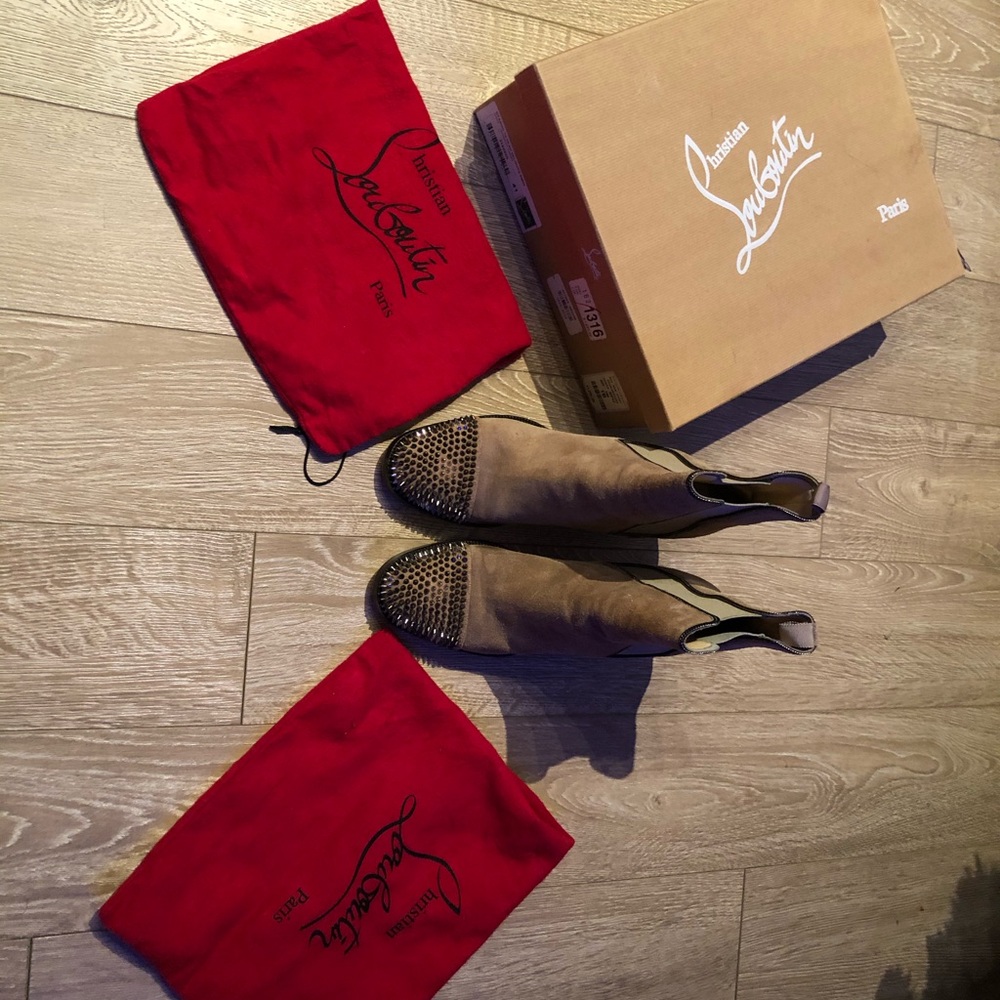 Christian Louboutin Tan Combat Boots with Silver Spikes